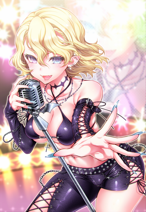 1girl, bare_shoulders, blonde_hair, blue_eyes, blue_nails, blush, breasts, cleavage, detached_sleeves, earrings, fangs, female_focus, fingernails, gender_request, genderswap, hizuki_akira, idol, jewelry, large_breasts, lestat_de_lioncourt, looking_at_viewer, microphone, moeru!_jiten, moeru!_vampire_jiten, nail_polish, navel, open_mouth, outstretched_hand, pointy_ears, short_hair, smile, solo, the_vampire_chronicles, the_vampire_lestat