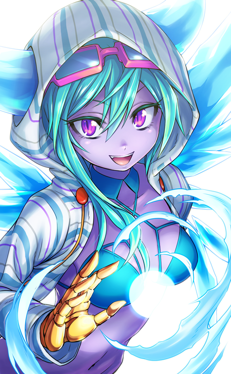 1girl, :d, blue_hair, blue_skin, cleavage_cutout, clothing_cutout, collarbone, colored_skin