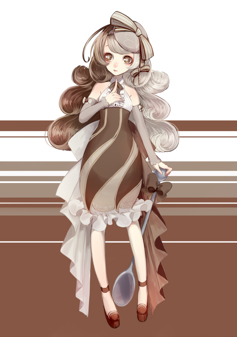 1girl, arm_warmers, bad_id, bad_pixiv_id, bare_shoulders, bow, brown_dress, brown_eyes