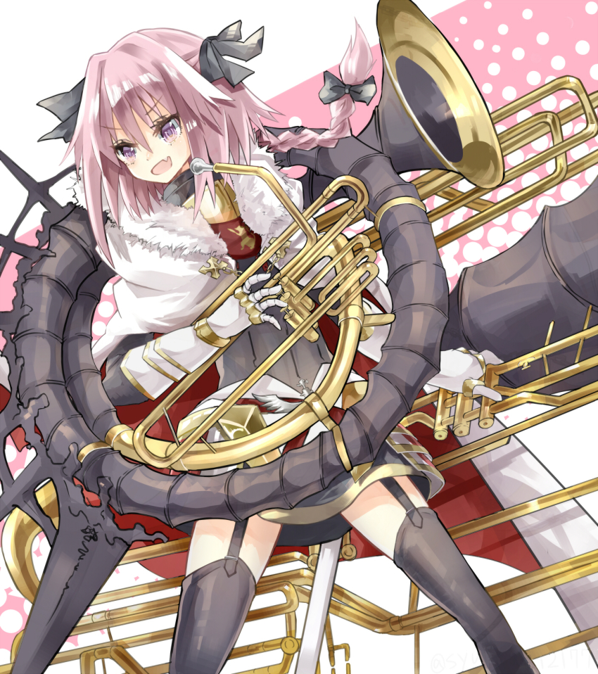 1boy, astolfo_(fate), astolfo_(rider)_(fate), braid, fang, fate/apocrypha, fate_(series), garter_straps, highres, horn_(instrument), la_black_luna, male_focus, pink_hair, purple_eyes, single_braid, solo, syukou, trap