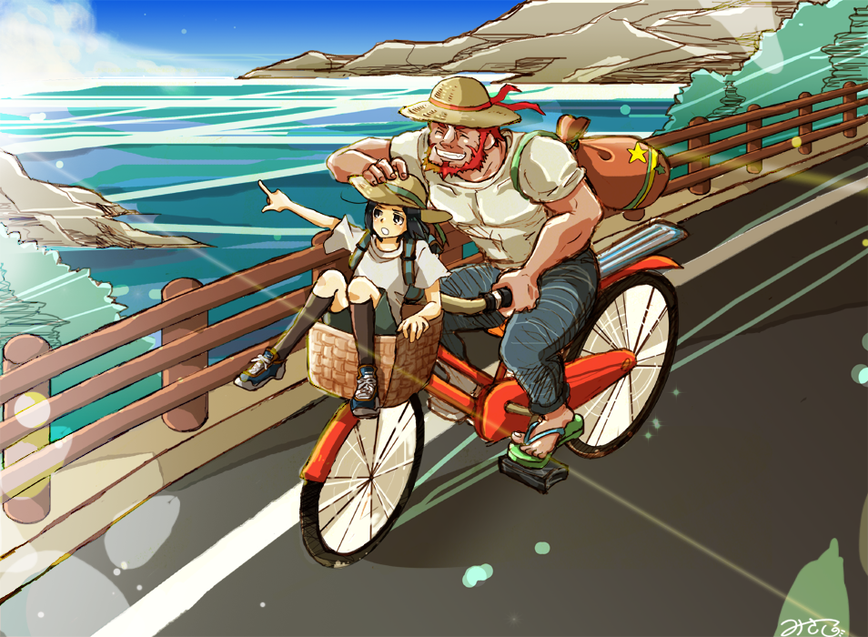 2boys, alternate_costume, backpack, bag, basket, beard, bicycle, black_hair