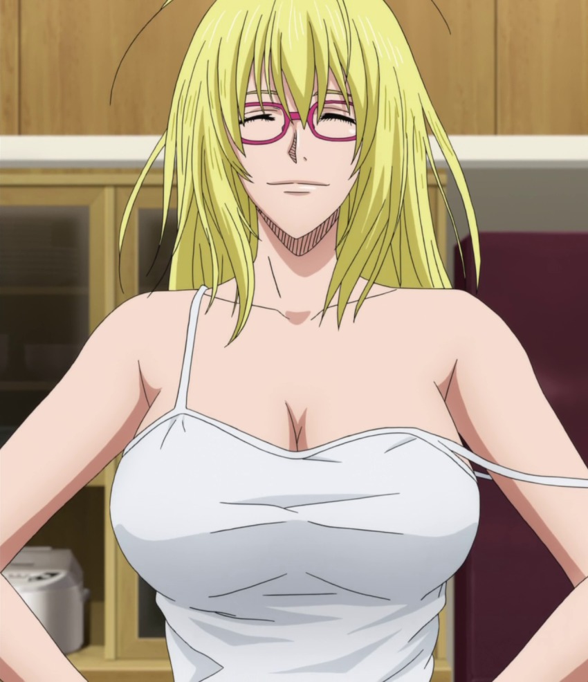 1girl, alexandra_garcia, anime_screenshot, bare_shoulders, blonde_hair, breasts, cleavage, closed_eyes, female_focus, glasses, highres, indoors, kuroko_no_basuke, large_breasts, long_hair, red-framed_eyewear, solo, stitched, strap_slip, third-party_edit, upper_body