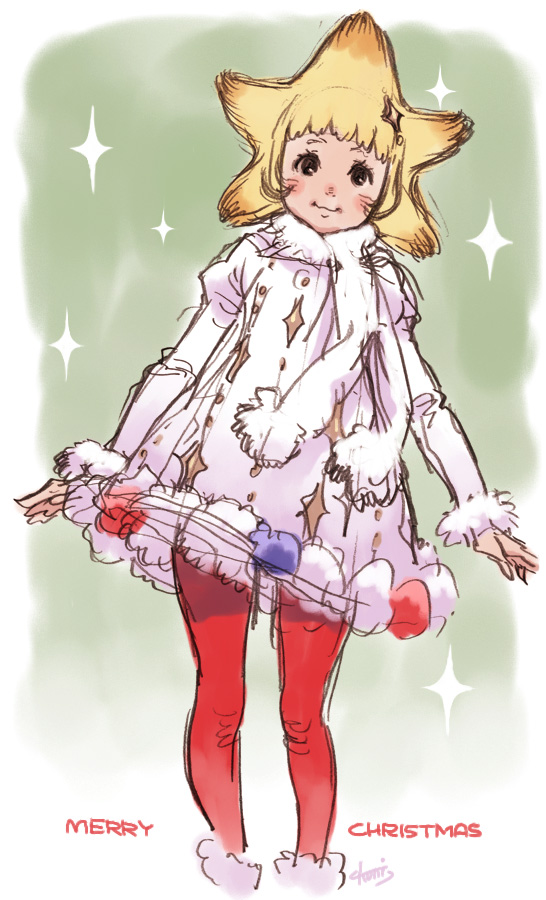 1girl, :3, black_eyes, blonde_hair, blush, dress, female_focus, fur_trim, gradient_background, hair_ornament, merry_christmas, original, pantyhose, red_pantyhose, scarf, short_dress, short_hair, smile, solo, sorakara-chan, sparkle, tanaka_kunihiko, white_dress, white_scarf