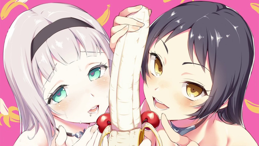 10s, 2girls, aida_takanobu, anna_nishikinomiya, aqua_eyes, banana, black_hair, brown_eyes, cherry, choker, drooling, end_card, food, fruit, green_eyes, grey_hair, hairband, heart, heart-shaped_pupils, highres, kajou_ayame, multiple_girls, official_art, phallic_symbol, saliva, sexually_suggestive, shimoneta_to_iu_gainen_ga_sonzai_shinai_taikutsu_na_sekai, simple_background, symbol-shaped_pupils, yellow_eyes