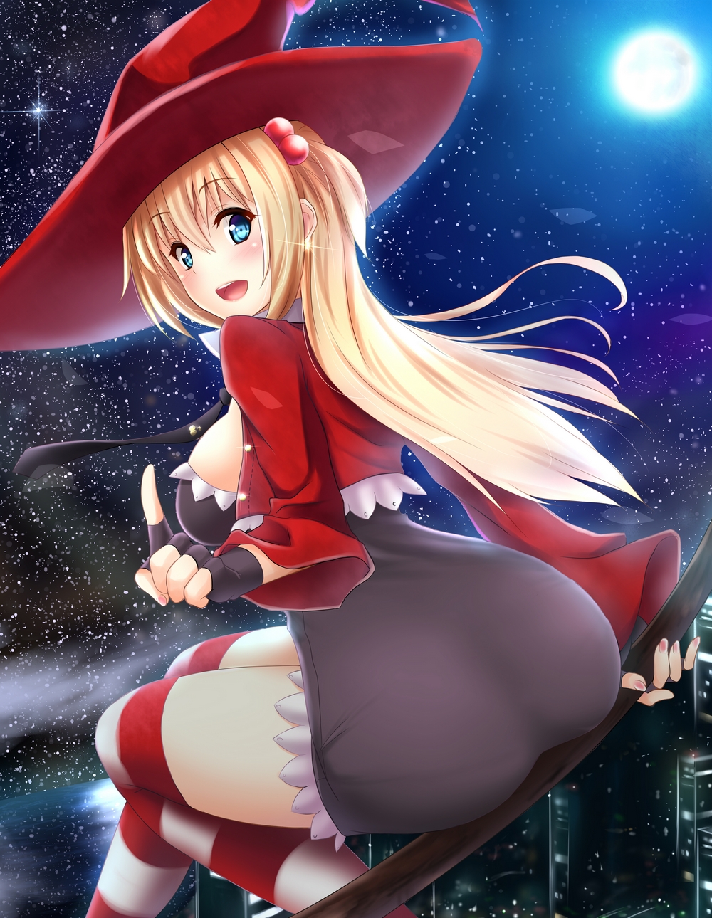 1girl, anakin_sky_(utcc), ass, blonde_hair, blue_eyes, blush, breasts, broom, female_focus, fingerless_gloves, gloves, hair_ornament, hat, highres, huge_ass, long_hair, looking_at_viewer, looking_back, moon, necktie, night, original, sitting, sky, smile, solo, star_(sky), star_(symbol), starry_sky, striped_clothes, striped_legwear, striped_thighhighs, thighhighs, thighs, witch_hat