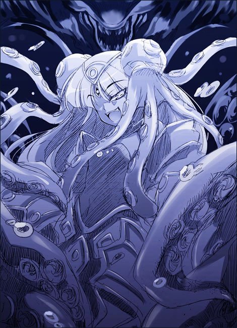 1girl, blue_theme, culdcept, endaness, female_focus, monochrome, solo, tentacles