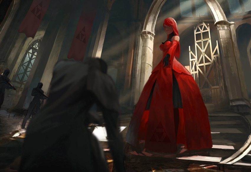 1girl, bad_id, bad_pixiv_id, detached_sleeves, dress, gloves, highres, long_hair, pixiv_fantasia, pixiv_fantasia_t, rayzzh, red_eyes, red_hair, red_queen_(pixiv_fantasia), solo_focus