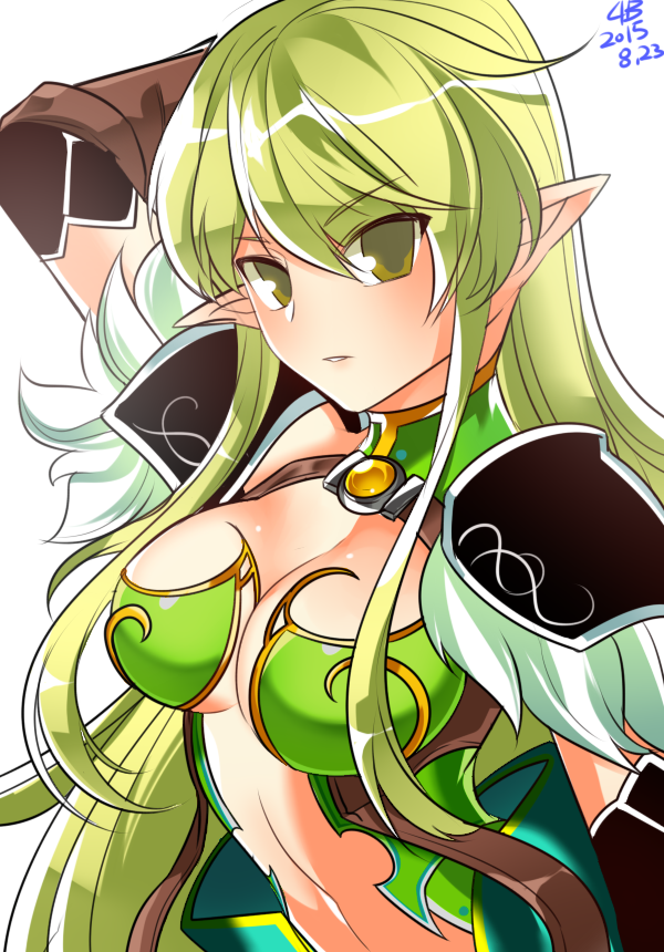 10s, 1girl, 2015, bad_id, bad_pixiv_id, dated, elsword, expressionless, female_focus, green_eyes, green_hair, karmaho, long_hair, matching_hair/eyes, night_watcher_(elsword), pointy_ears, rena_erindel, revealing_clothes, shiny_skin, shoulder_pads, sidelocks, solo, white_background