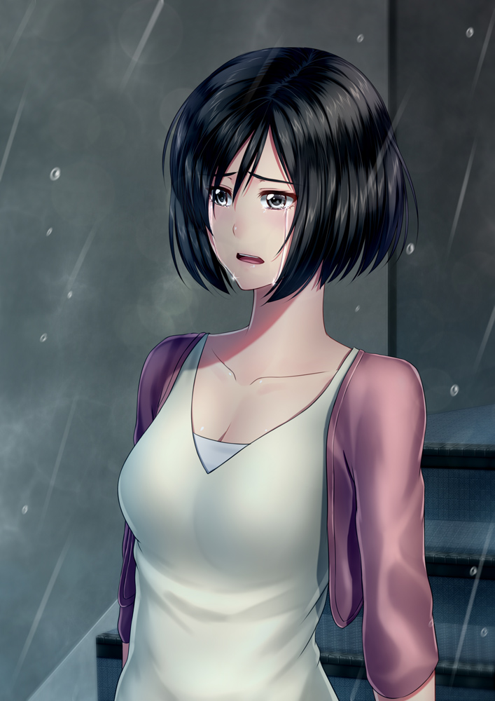10s, 1girl, black_hair, breasts, cleavage, crying, female_focus, gradient_background