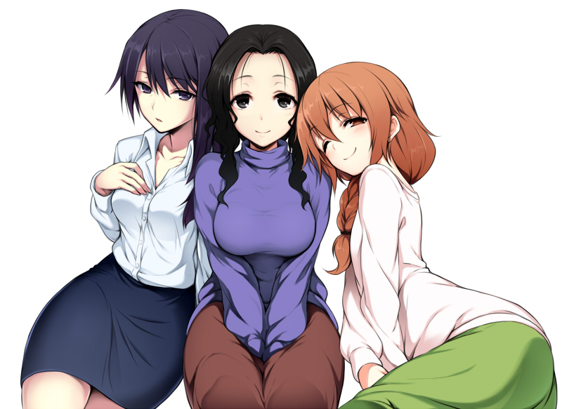 3girls, ;), bad_id, bad_pixiv_id, between_legs, black_eyes, black_hair, braid, breasts, brown_eyes, brown_hair, dress_shirt, girl_sandwich, hair_over_shoulder, hakuregu, hand_between_legs, inami_mahiru's_mother, kikuno_(working!!), large_breasts, long_hair, looking_at_viewer, medium_breasts, mature_female, multiple_girls, one_eye_closed, otoo_haruna, pencil_skirt, purple_hair, sandwiched, shirt, simple_background, skirt, smile, turtleneck, working!!