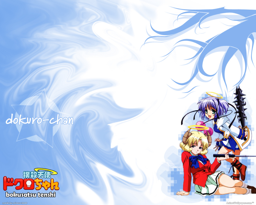 00s, 2girls, angel, angel_wings, arm_support, baton_(weapon), blazer, blonde_hair