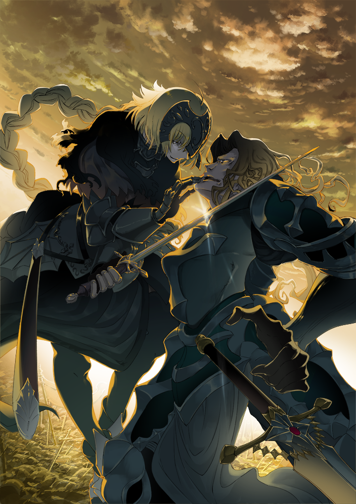 1boy, 1girl, armor, blonde_hair, braid, fate/grand_order, fate_(series), gauntlets, gilles_de_rais_(caster)_(fate), gilles_de_rais_(fate), gilles_de_rais_(saber)_(fate), gradient_background, headpiece, jeanne_d'arc_(fate), jeanne_d'arc_(ruler)_(fate), jeanne_d'arc_alter_(avenger)_(fate), jeanne_d'arc_alter_(fate), ruler_(fate/grand_order), single_braid, sky, sword, tato_t06, weapon
