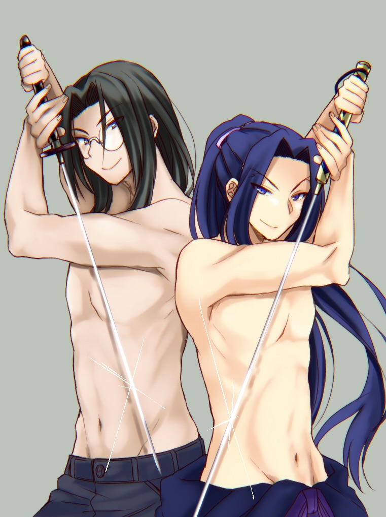 2boys, bishounen, black_hair, blue_hair, company_connection, crossover, fate/stay_night, fate_(series)
