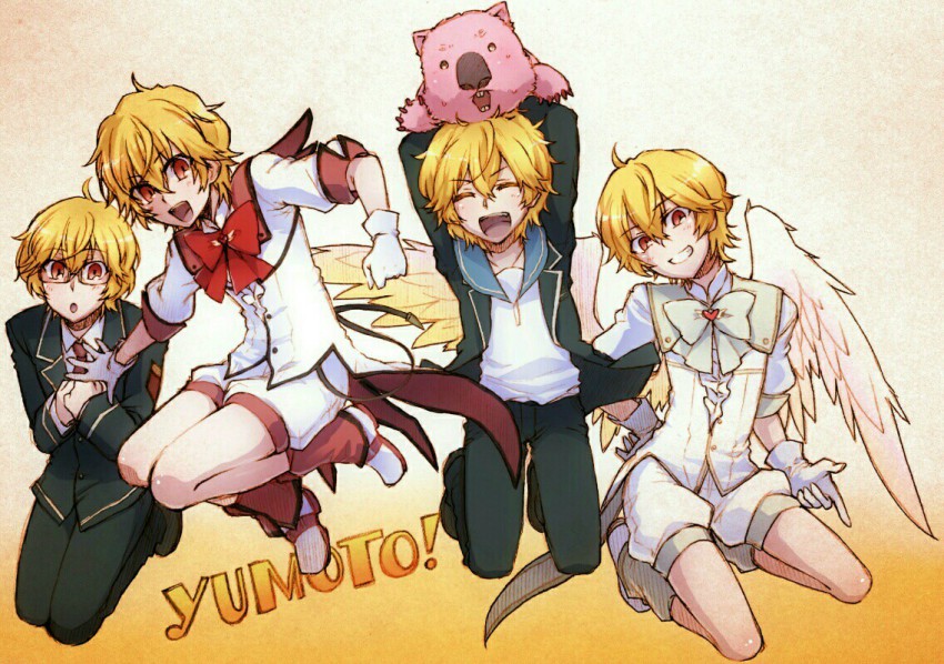 10s, 1boy, ahoge, angel_wings, binan_koukou_chikyuu_bouei-bu_love!, blonde_hair, blush, boots