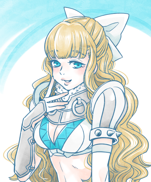 1girl, armor, blonde_hair, blue_eyes, bow, breasts, charlotte_(fire_emblem), cleavage, female_focus, fire_emblem, fire_emblem_fates, fur_trim, gradient_background, hair_bow, large_breasts, lips, long_hair, midriff, nintendo, parted_lips, pauldrons, shirokuro_(0501), shirokuro_(0501nk), shoulder_armor, smile, solo, spikes, upper_body, wavy_hair, white_bow