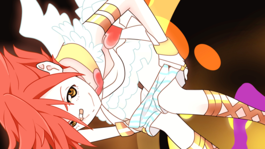 10s, 1boy, aizen_kunitoshi, bandaid, bandaid_on_face, bandaid_on_nose, bisco9skm, boxers, crossdressing, crossdressing_(mtf), male_focus, male_underwear, male_underwear_pull, panty_&amp;_stocking_with_garterbelt, parody, red_hair, simple_background, smile, solo, style_parody, touken_ranbu, underwear, wings, yellow_eyes