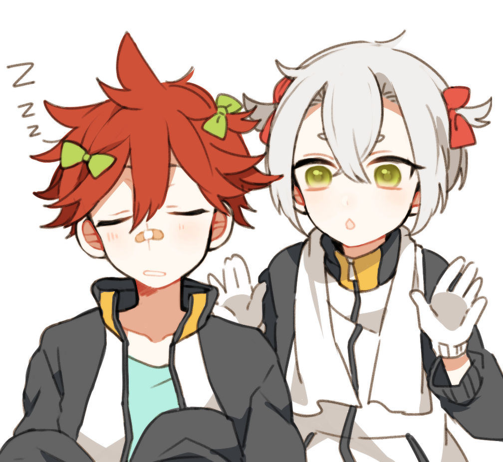 10s, 2boys, aizen_kunitoshi, bisco9skm, bow, closed_eyes, gloves, green_eyes