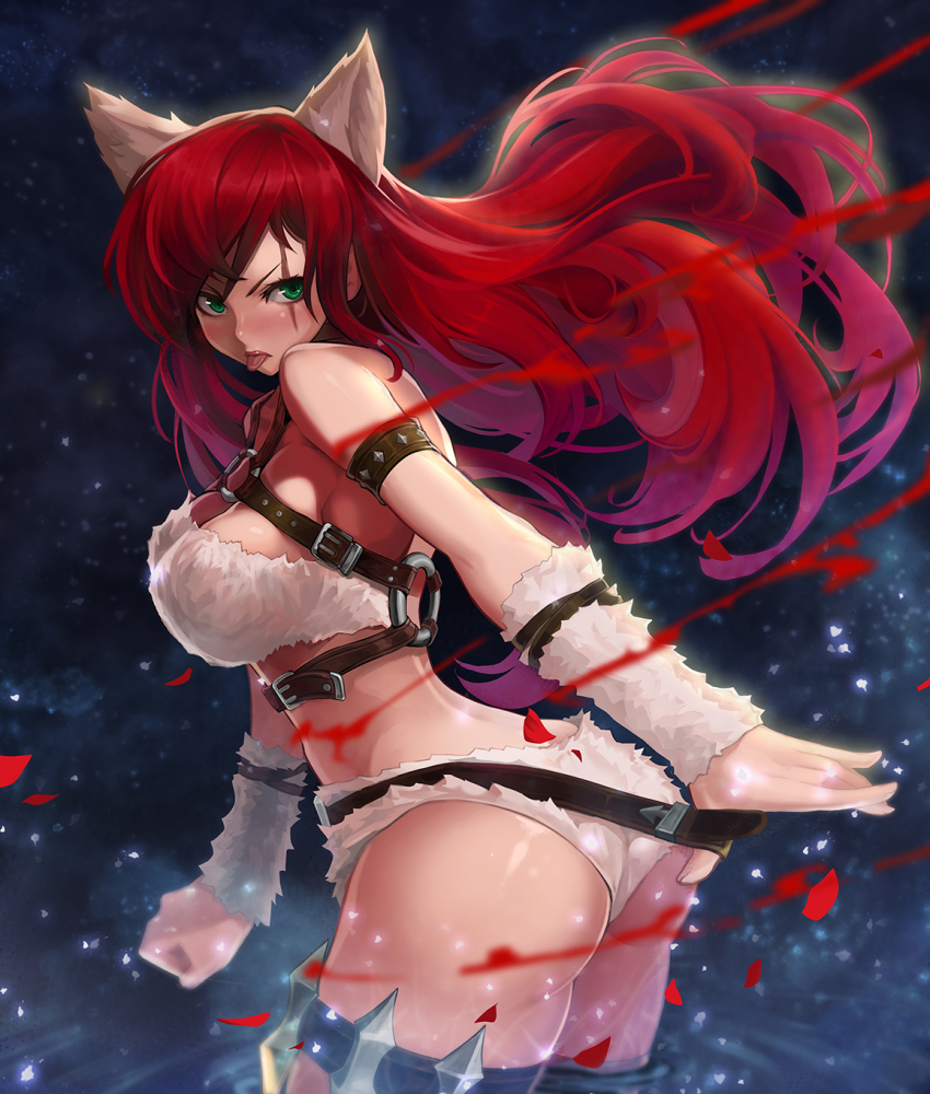 1girl, animal_ears, anklet, arm_warmers, armpits, arms_at_sides, ass, belt, blood, blush, breasts, butt_crack, cat_ears, cat_girl, cleavage, cowboy_shot, curvy, female_focus, from_behind, goomrrat, gradient_background, green_eyes, highres, huge_breasts, jewelry, katarina_(league_of_legends), kitty_cat_katarina, league_of_legends, long_hair, looking_at_viewer, midriff, off_shoulder, red_hair, scar, scar_across_eye, scar_on_face, sideboob, solo, thick_thighs, thighs, tongue, tongue_out, wide_hips