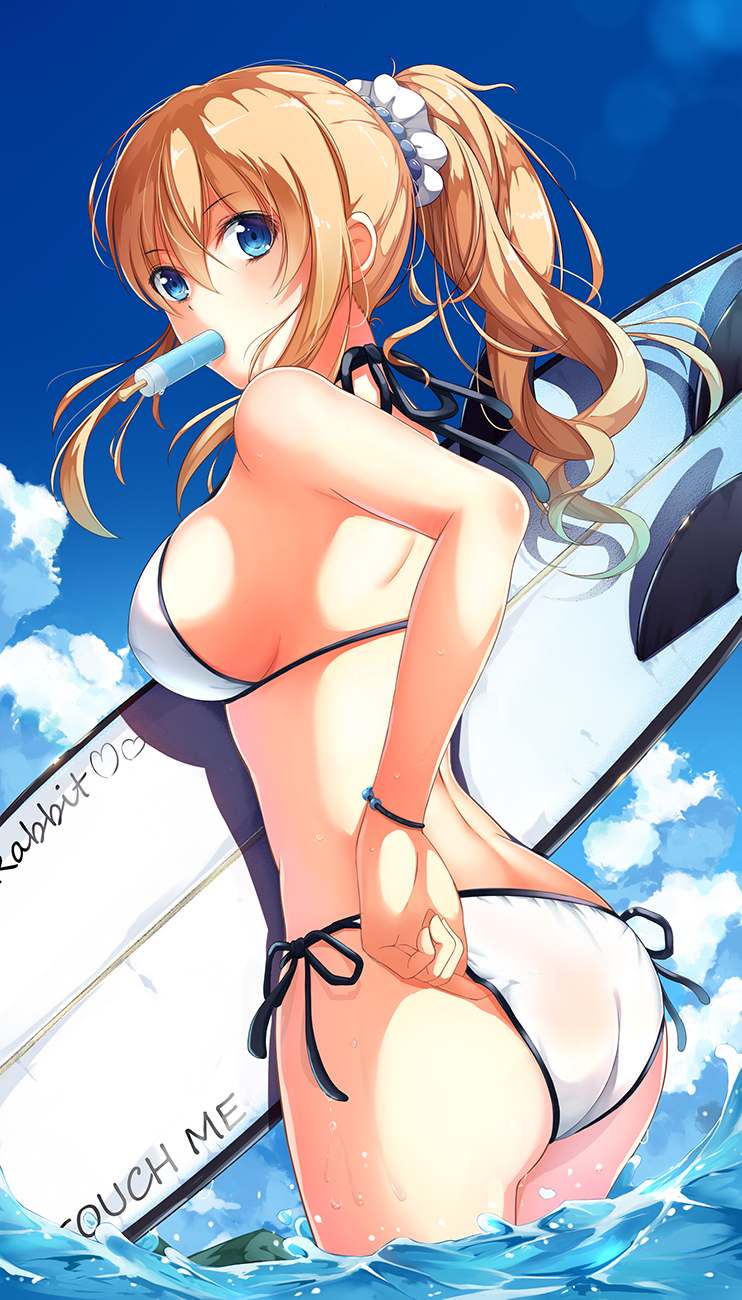 1girl, adjusting_clothes, adjusting_swimsuit, ass, bikini, blonde_hair, blue_eyes, breasts, cloud, day, english_text, female_focus, food, highres, large_breasts, liu_guniang, long_hair, mouth_hold, original, outdoors, ponytail, popsicle, scrunchie, side-tie_bikini_bottom, sideboob, sky, solo, summer, surfboard, swimsuit, water, wristband