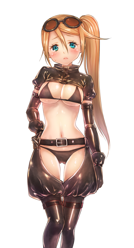 1girl, belt, bikini, blonde_hair, blue_eyes, blush, breasts, cleavage, elbow_gloves, etrian_odyssey, female_focus, gloves, goggles, goggles_on_head, kanae_(sekaiju), kazabuki_poni, long_hair, looking_at_viewer, navel, revealing_clothes, sekaiju_no_meikyuu, sekaiju_no_meikyuu_3, side_ponytail, simple_background, solo, swimsuit