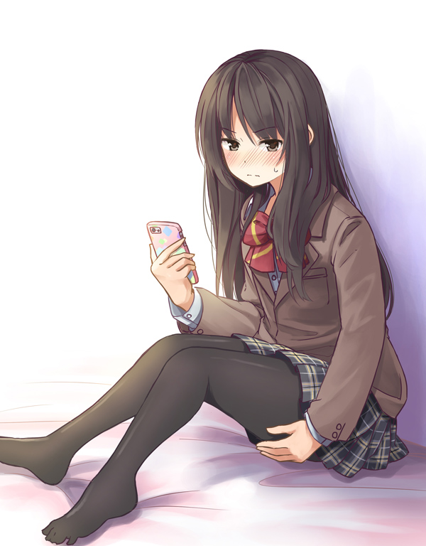 >:|, 1girl, :|, bed_sheet, black_hair, black_pantyhose, blazer, blush, bow, brown_eyes, brown_jacket, cellphone, closed_mouth, covering_ass, covering_privates, feet, female_focus, gradient_background, jacket, long_hair, niichi_(komorebi-palette), no_shoes, original, pantyhose, phone, plaid_clothes, plaid_skirt, school_uniform, sitting, skirt, smartphone, solo, sweatdrop, toes, unohana_kotoha, v-shaped_eyebrows