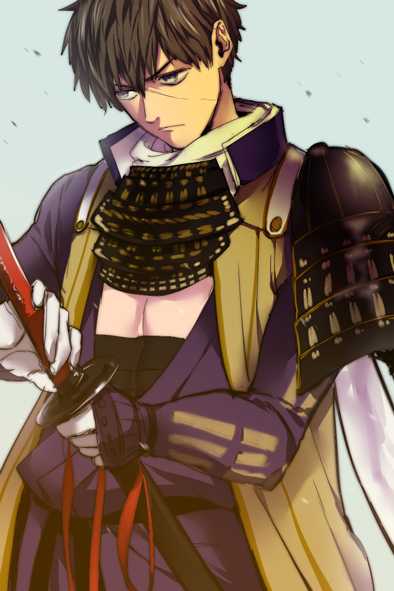 10s, 1boy, alternate_eye_color, armor, bad_id, bad_pixiv_id, black_hair, blue_eyes, cosplay, doudanuki_masakuni, doutanuki_masakuni, gloves, heshikiri_hasebe, heshikiri_hasebe_(cosplay), japanese_armor, male_focus, scar, shoulder_armor, simple_background, sode, solo, touken_ranbu, white_gloves, yano_(404878)