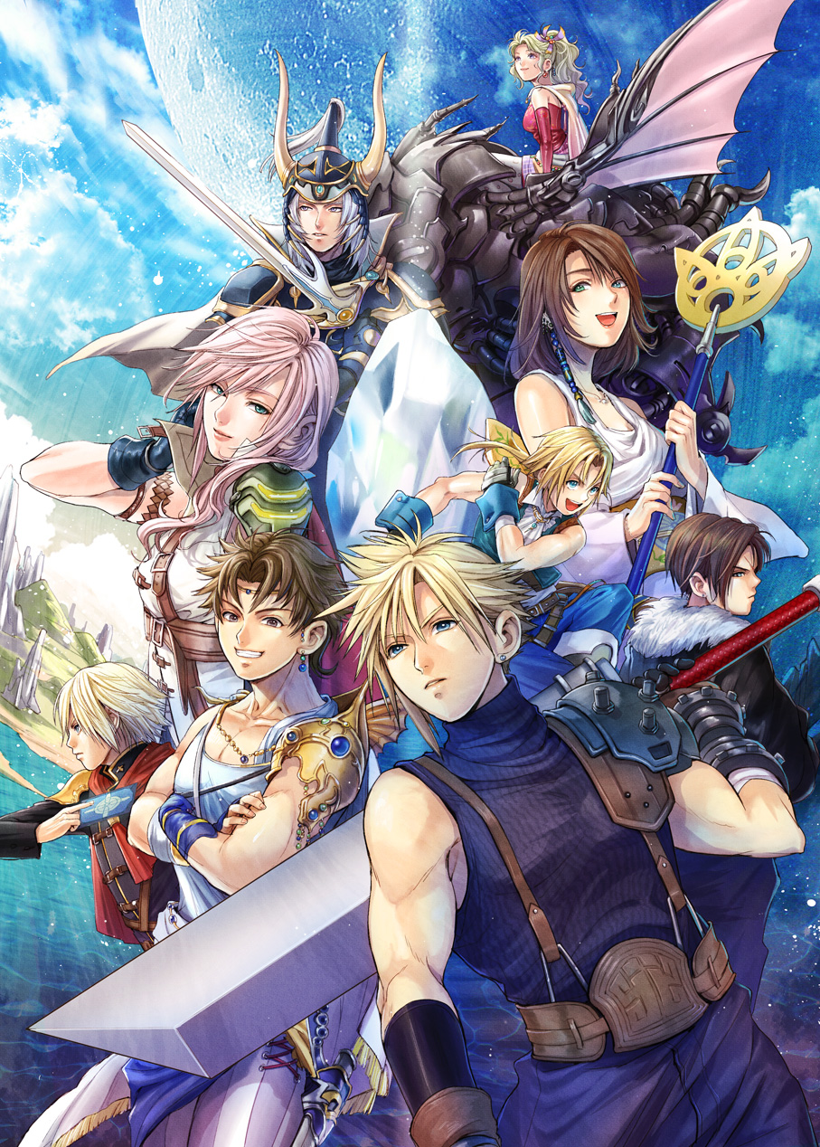 00s, 10s, 1990s_(style), ace_(fft-0), blue_sky, bartz_klauser, cloud_strife, dissidia_final_fantasy