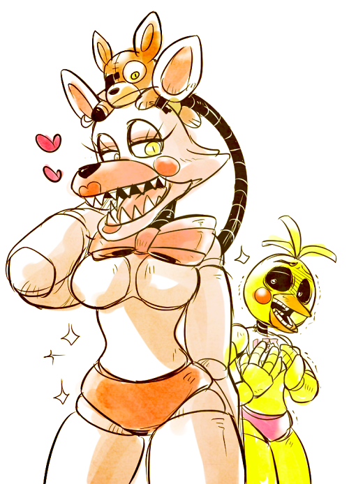 2girls, android, chica, five_nights_at_freddy's, lipstick, looking_at_viewer, makeup, mangle