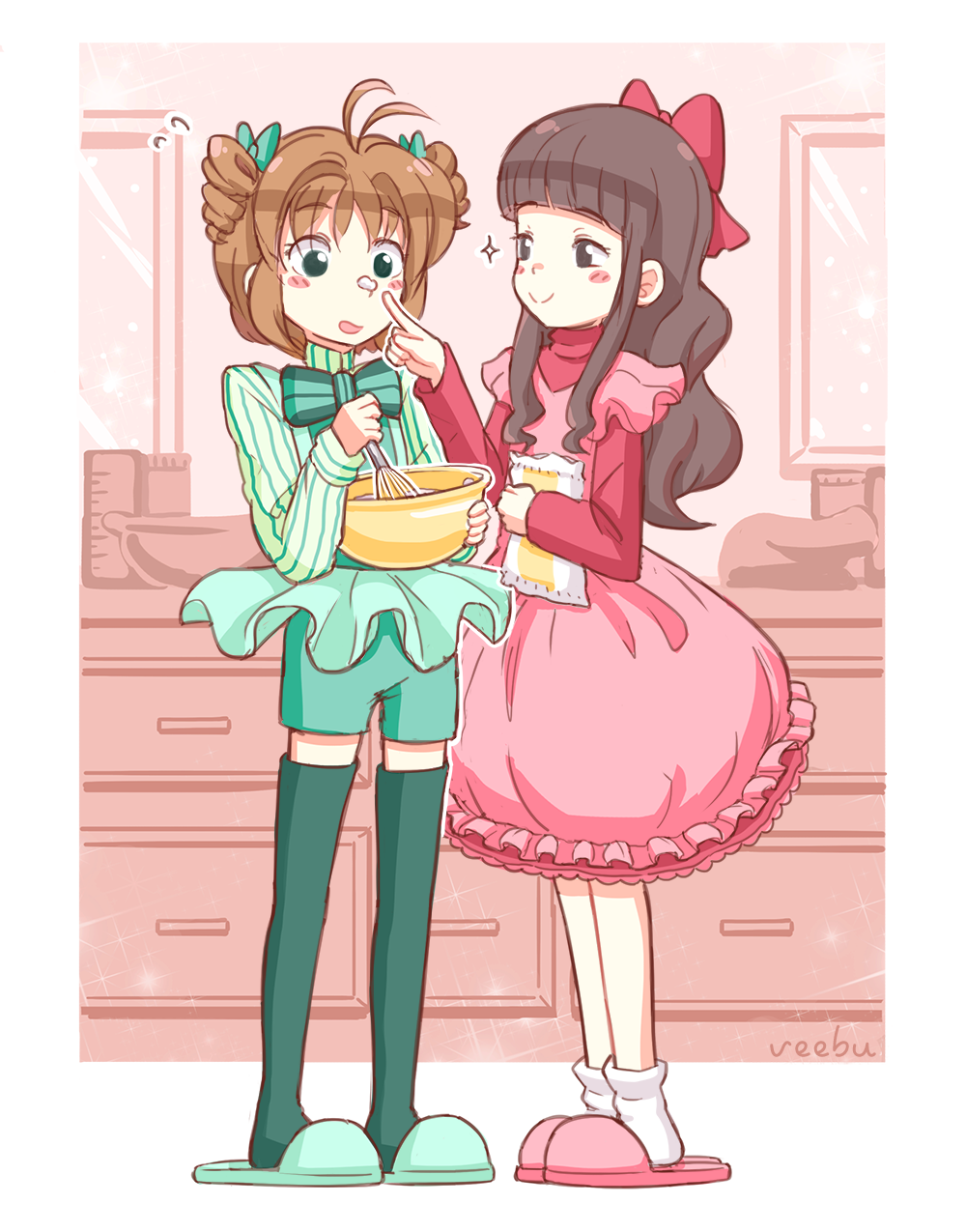 1990s_(style), 2girls, :o, ahoge, alternate_costume, alternate_hairstyle, artist_name, bow, bowtie, cardcaptor_sakura, commission, daidouji_tomoyo, daidouji_tomoyo_(chef:_tomoyo), drawer, dress, flying_sweatdrops, food, food_on_face, friedbun, full_body, green_legwear, green_shorts, hair_ribbon, highres, indoors, kinomoto_sakura, kinomoto_sakura_(shopgirl:_mint), mixing_bowl, multiple_girls, parted_lips, pink_dress, retro_artstyle, ribbon, shelf, shorts, slippers, smile, sparkle, standing, thighhighs, whisk, zettai_ryouiki