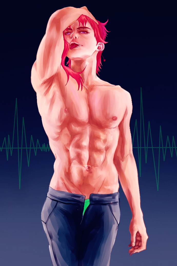 1boy, bad_id, bad_pixiv_id, cowboy_shot, earrings, gradient_background, hand_in_own_hair, jewelry, jojo_no_kimyou_na_bouken, kakyoin_noriaki, kuri_kinoko, male_focus, muscular, purple_eyes, red_hair, solo, tongue, tongue_out, topless_male, unzipped, waveform