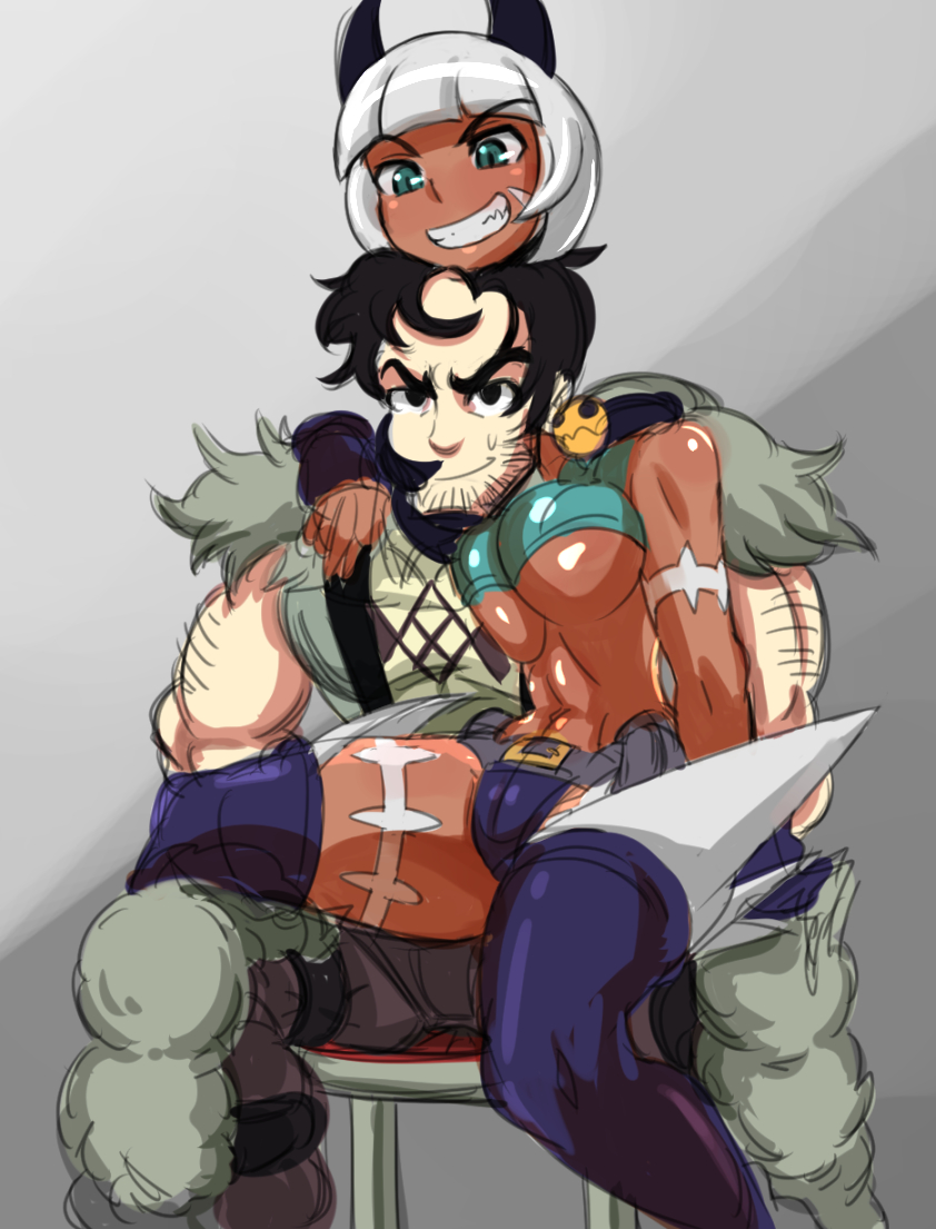 1boy, 1girl, animal_ears, arm_hair, belt, beowulf_(skullgirls), black_hair, breasts