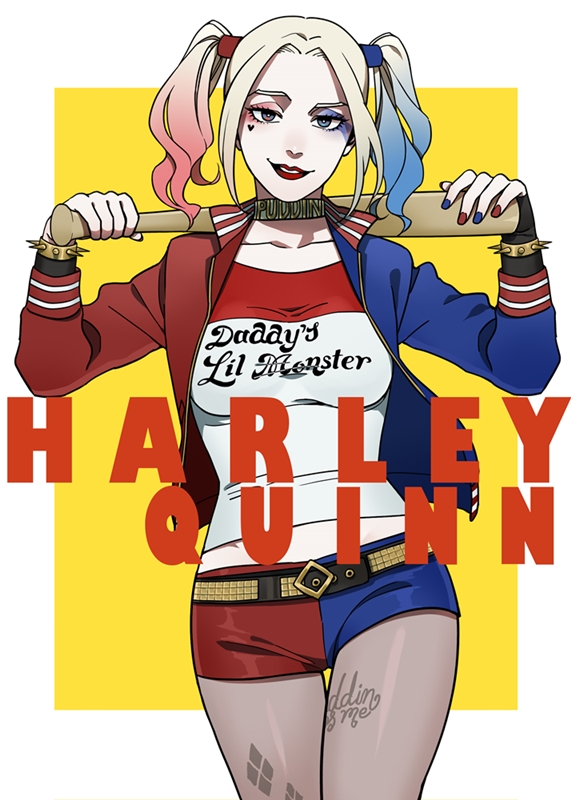 1girl, animification, baseball_bat, batman_(series), belt, blonde_hair, blue_eyes, blue_hair, blue_nails, bracelet, character_name, choker, collarbone, dc_comics, dccu, eyeshadow, female_focus, gradient_hair, harley_quinn, jacket, jewelry, lipstick, makeup, matching_hair/eyes, multicolored_hair, nail_polish, nashi_y, nashinachipmunk, pantyhose, pantyhose_under_shorts, red_hair, red_lips, red_nails, short_shorts, shorts, simple_background, smile, solo, spiked_bracelet, spikes, suicide_squad, suicide_squad_(2016_movie), tattoo, twintails