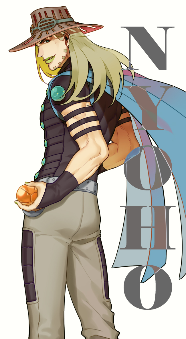 1boy, ball, blonde_hair, cowboy_hat, cowboy_shot, facial_hair, from_behind, goggles