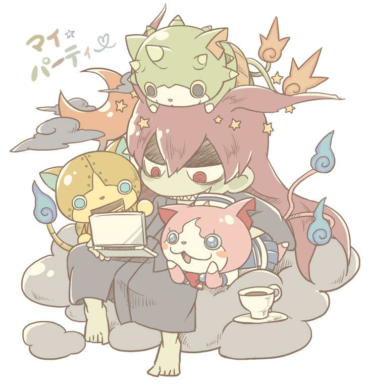 10s, 1girl, animal, animal_on_head, bad_id, bad_pixiv_id, barefoot, blue_eyes, blue_skirt, blush_stickers, cat, golnyan, grin, handheld_game_console, hat, kantetsu, long_hair, multiple_tails, nintendo_3ds, notched_ear, on_head, open_mouth, pleated_skirt, red_eyes, rivets, robot, sailornyan, school_uniform, serafuku, sharp_teeth, sitting, skirt, smile, star_(symbol), tail, teeth, ticktack_chicken, togenyan, traditional_youkai, two_tails, white_background, youkai_watch, youkai_watch_2, youkai_watch_busters