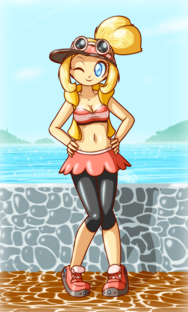 1girl, blonde_hair, blue_eyes, copella_(surechigai_fishing), coraline_(ultimate_angler), glasses, hands_on_own_hips, hat