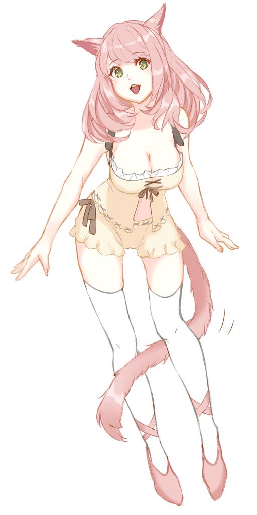 10s, 1girl, :d, animal_ears, between_legs, breasts, brown_ribbon, cat_ears
