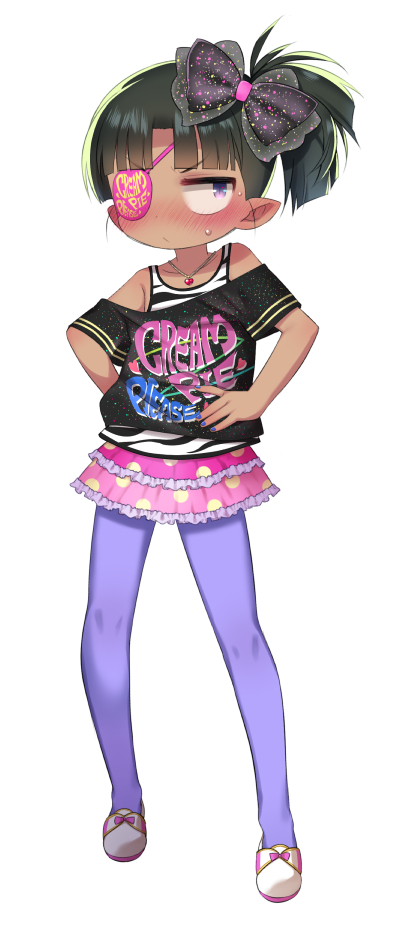 1girl, amekaji_gyaru, animal_print, bare_shoulders, black_hair, blush, bow, clothes_writing