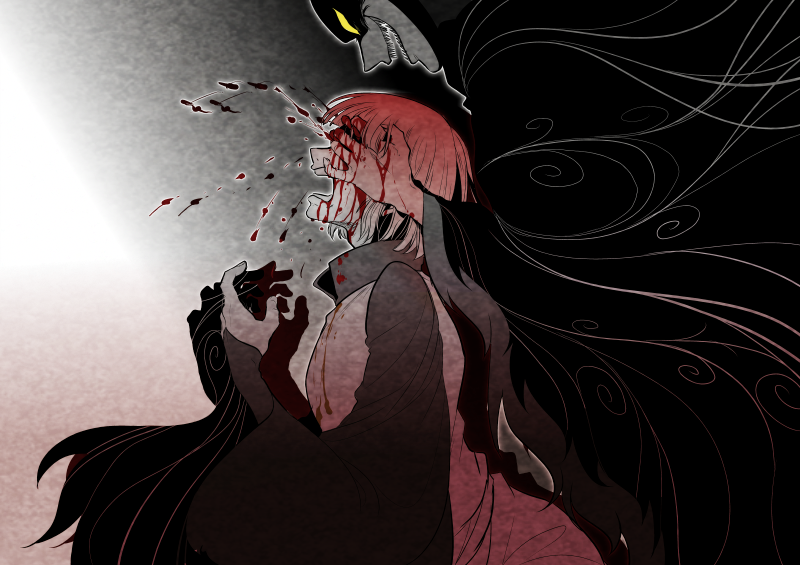 1boy, 1girl, aged_down, bad_end, bad_id, bad_pixiv_id, blood, blood_splatter, claude_frollo_(disney), covering_own_eyes, disney, gouged_eye, grabbing_from_behind, gradient_background, maleficent, marimo_(yousei_ranbu), no_pupils, one_man's_dream_ii, pain, screaming, sharp_teeth, short_hair, sleeping_beauty_(disney), teeth, the_hunchback_of_notre_dame_(disney), yellow_eyes