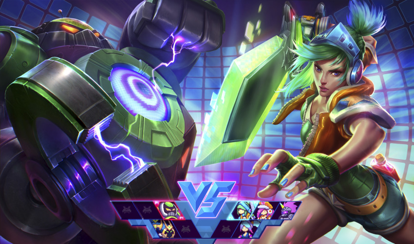 1boy, 1girl, alternate_costume, alvin_lee, arcade_(league_of_legends), arcade_miss_fortune, arcade_riven, arcade_sona