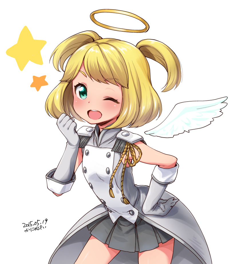 1girl, ;d, angel_wings, artist_name, blonde_hair, blush, dated, elbow_gloves