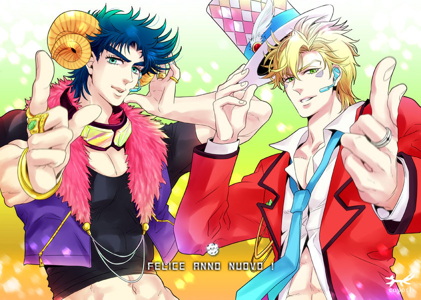 2boys, alternate_costume, artist_name, bad_id, bad_pixiv_id, black_hair, blonde_hair, caesar_anthonio_zeppeli