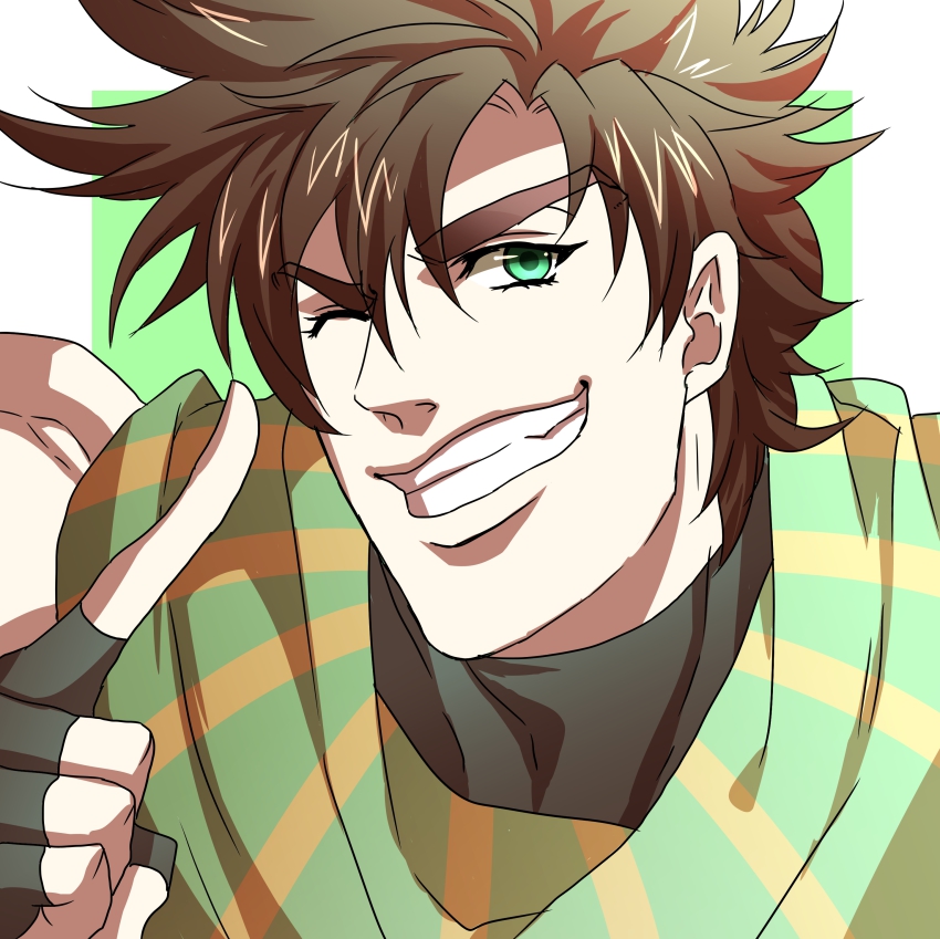 1boy, absurdres, fingerless_gloves, gloves, green_eyes, highres, jojo_no_kimyou_na_bouken, joseph_joestar