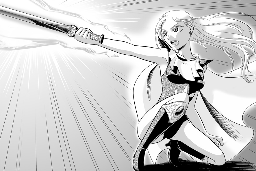 1990s_(style), 1girl, boots, cape, celes_chere, earrings, emphasis_lines, female_focus