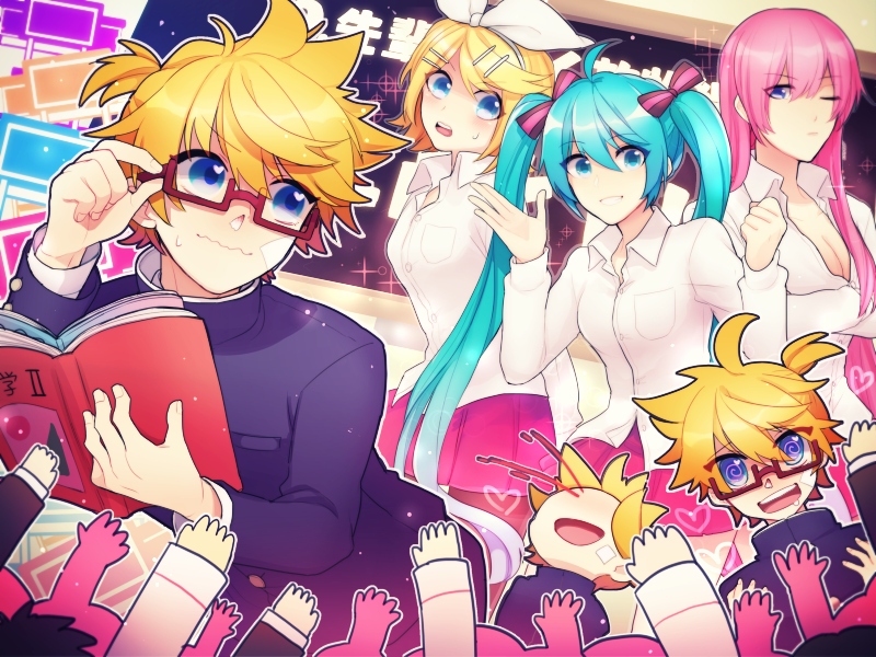 1boy, 3girls, @_@, aqua_eyes, aqua_hair, arms_up, bandages, bespectacled