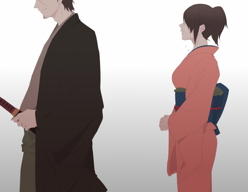 1boy, 1girl, black_hair, facial_hair, gintama, gradient_background, highres, ichigopantsu