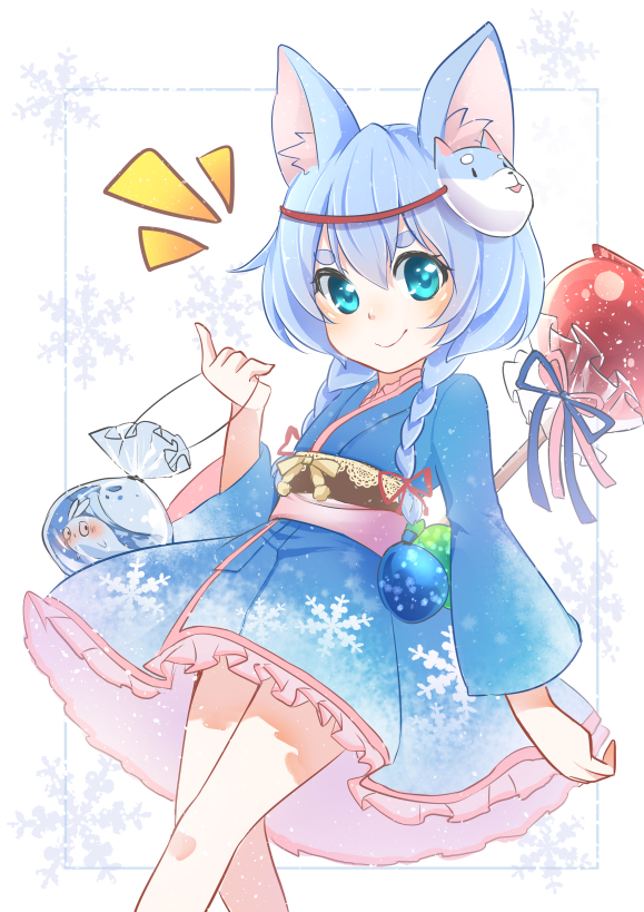 1girl, animal_ears, bag, bagged_fish, blue_hair, border, braid, candy_apple