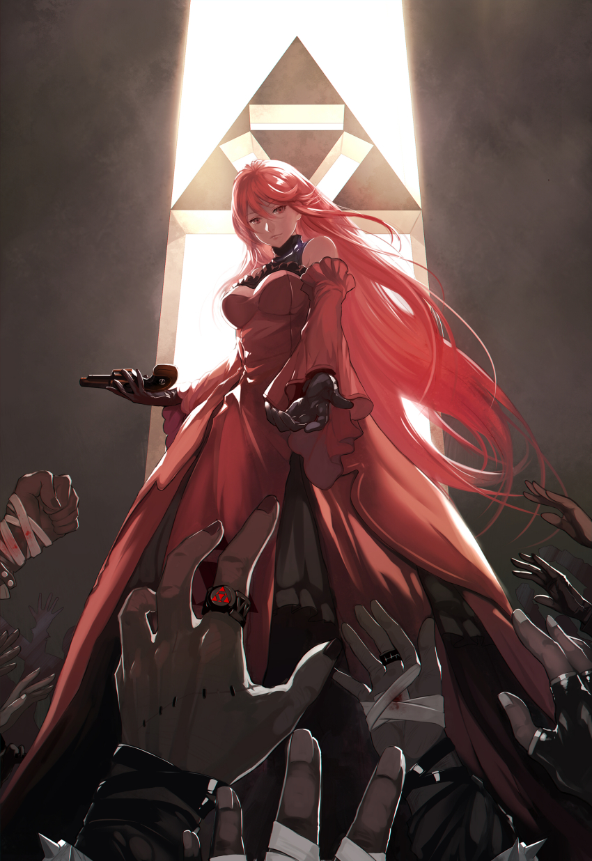 1girl, absurdres, bandages, blood, dress, fingerless_gloves, gloves, gun, handgun, highres, jewelry, long_hair, outstretched_hand, pink_hair, pistol, pixiv_fantasia, pixiv_fantasia_t, realmbw, red_queen_(pixiv_fantasia), ring, solo_focus, weapon, zombie