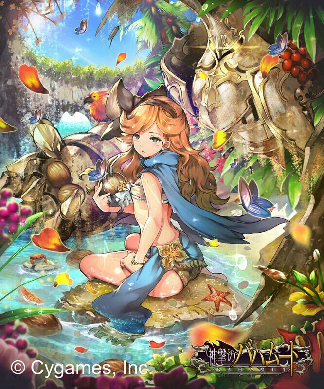 10s, 1girl, armor, barefoot, blue_cape, brown_hair, bug, butterfly, cape, coconut, copyright_name, crab, drinking_straw, food, fruit, fruit_as_cup, grafos, granblue_fantasy, grapes, grey_eyes, headband, insect, midriff, petals, pond, sara_(granblue_fantasy), shingeki_no_bahamut, sitting, starfish, teddypocky, wristband
