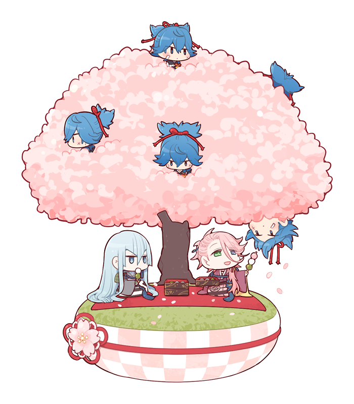 10s, 3boys, blue_eyes, blue_hair, cherry_blossoms, chibi, dango, food