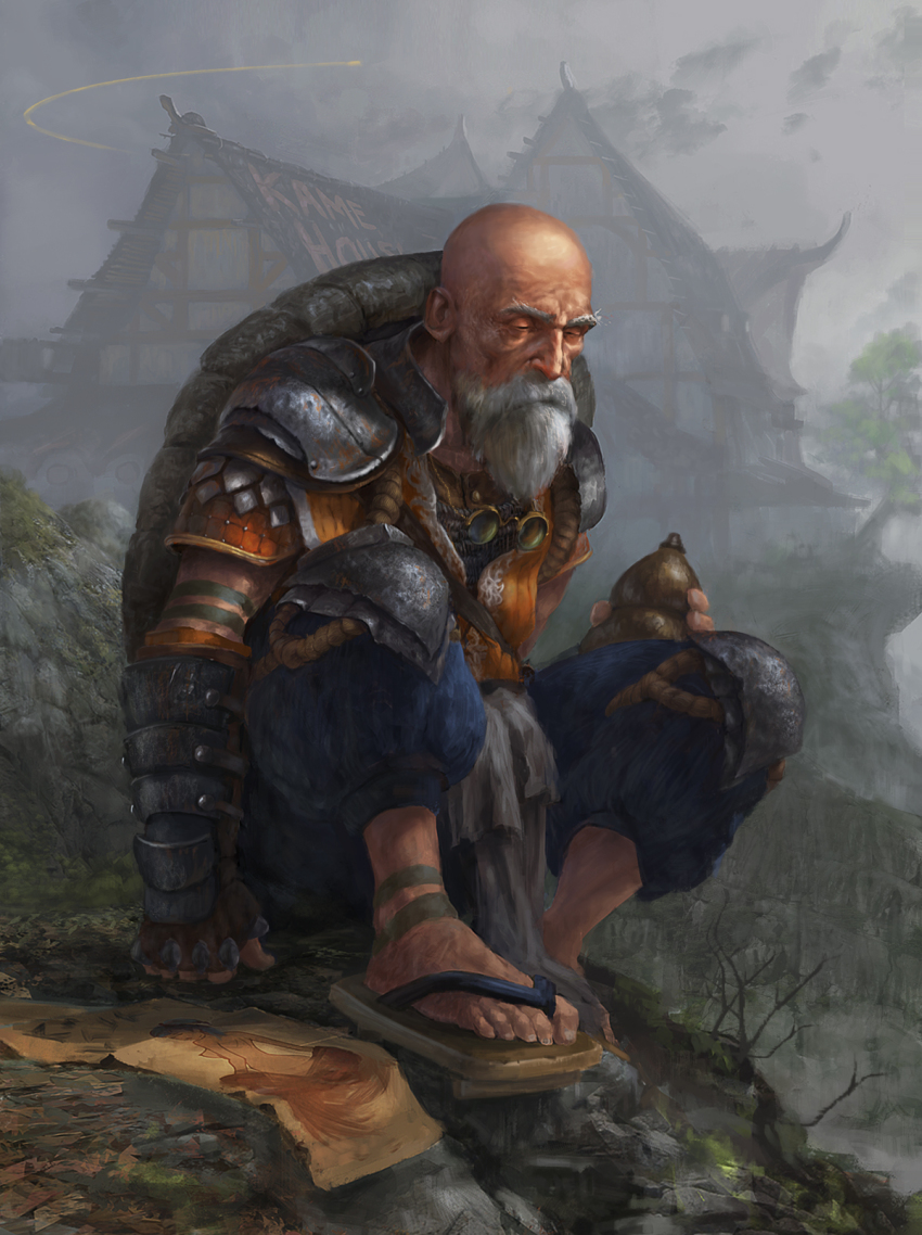 1boy, architecture, arm_guards, armor, bald, beard, building, bulma, chainmail, cloud, cloudy_sky, dragon_ball, drawing, drawing_(object), east_asian_architecture, eyebrows, facial_hair, feet, flying_nimbus, full_body, geta, glasses, gourd, grey_hair, grosnez, half-closed_eyes, highres, knee_pads, male_focus, manly, moss, muten_roushi, no_socks, old, old_man, on_ground, outdoors, pants, paper, pauldrons, puffy_pants, realistic, rock, shoulder_armor, sitting, sky, solo, tree, turtle_shell, unworn_eyewear, vest, white_hair
